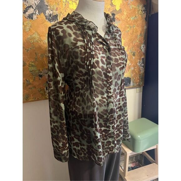 Perch Sheer Animal Print Green Tie Back Blouse W/ Ruffles 2x - Picture 2 of 8